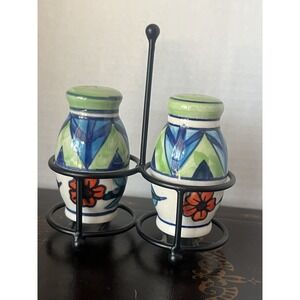 Handpainted Ceramic Salt &‎ Pepper Shaker Set Metal Holder Caddy Green Blue NEW
